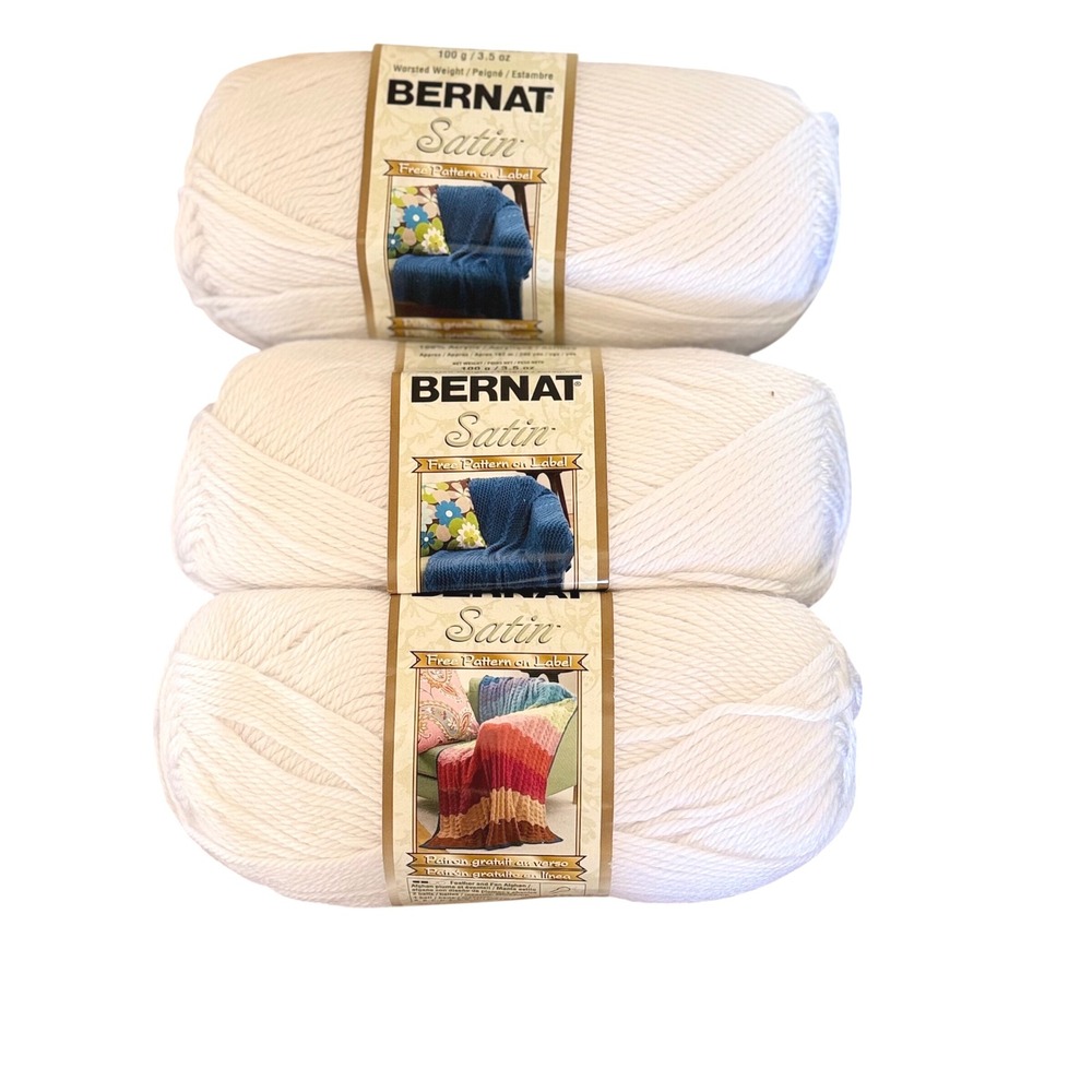 Lot of 3 Bernat Satin Yarn Snow 04005 Matching Lot White Acrylic 600yds Total